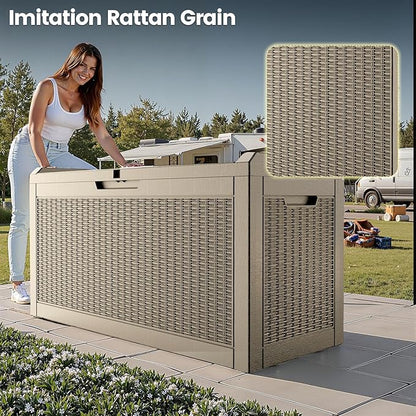 60 Gallon Outdoor Storage Box - Waterproof Resin Rattan Deck Bin for Indoor & Outdoor Use - Lockable & UV Resistant - Ideal for Package Storage, Patio Cushions & Gardening Tools, Brown