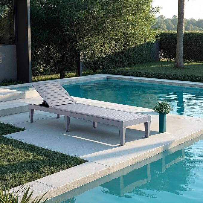 Nestl Sun Tanning Chair - Light Grey Chaise Lounge Chair Outdoor, Lightweight Pool Lounge Chairs, Adjustable 5-Position Reclining Lawn Chair, Waterproof Beach Outdoor Lounge Chairs
