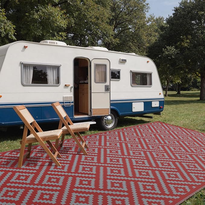 GENIMO Outdoor Rug, Waterproof Plastic Rugs for Patio, 10'x20' Red Grey | Outside Larger Modern Carpet Mat for Patio Decor, RV, Porch, Camper, Deck, Picnic, Beach, Backyard, Reversible, Foldable