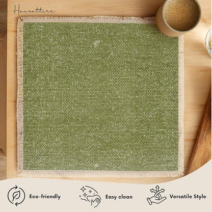 Hausattire Cotton Frayed Placemats Set of 4 Dining Table 14x14 Inch | Rustic Vintage Boho Washable Spring Easter Placemat for Outdoor Parties BBQ's Wedding, Holiday Nubby Cotton - Green