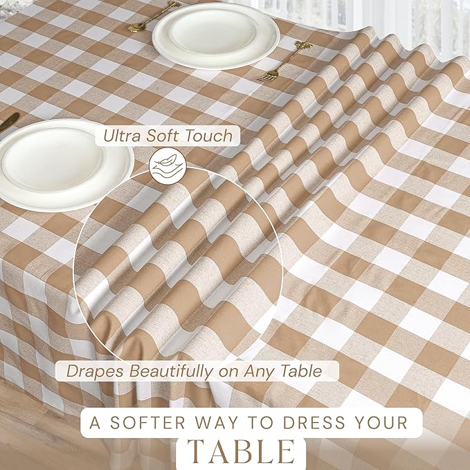 Beige and White Buffalo Check Tablecloth, 60x84 Inches, Plaid Table Cover, 100% Cotton, Washable, Reusable Farmhouse Table Linen for Holiday, Thanksgiving, Weddings, Everyday Dining