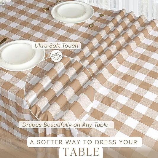 Beige and White Buffalo Check Tablecloth, 60x102 Inches, Plaid Table Cover, 100% Cotton, Washable, Reusable Farmhouse Table Linen for Holiday, Thanksgiving, Weddings, Everyday Dining