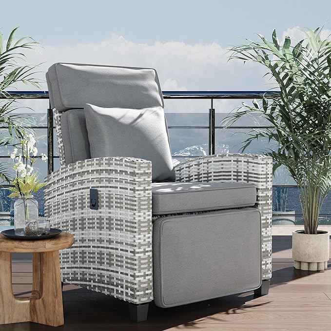 Garvee Outdoor Recliner Chair, Reclining Patio Chairs with 145° Adjustable Backrest & Footrest, Wicker Recliner Chairs with Flip Table and Removable Olefin Cushion for Poolside, Deck, Balcony, Gray