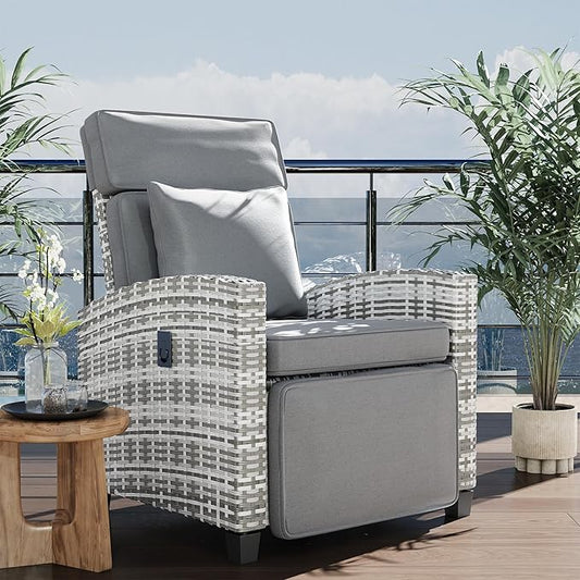 Garvee Outdoor Recliner Chair, Reclining Patio Chairs with 145° Adjustable Backrest & Footrest, Wicker Recliner Chairs with Flip Table and Removable Olefin Cushion for Poolside, Deck, Balcony, Gray