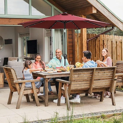 Sun-Ray 9' Round Patio Umbrella with 32 Solar Powered LED Lights, Push-Button Tilt and Hand Crank Lift, Solar Umbrella in Burgundy for Porch, Deck, and Patio