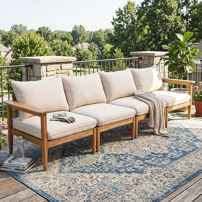 Merax Acacia Wood Outdoor Patio 116 Inch Loveseat Sofa with Cushions, Large 4-Seater Sofa Daybed for Backyard, Lawn, Deck, Balcony, Water Repellent Fabric, 400 lbs Capacity, Light Teak +Beige