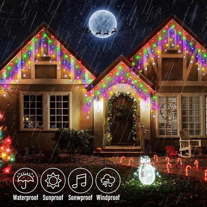 Joomer 19FT Christmas Icicle Lights Outdoor Connectable Multicolor | 30 Drops 8 Modes Timer Waterproof Plug-in String Light for Christmas Party, holiday Eaves Roof yard Xmas Decorations
