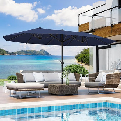 GDPFN 15FT Large Patio Umbrella, Outdoor Deck Standing Umbrella with Crank Handle, Double-Side Rectangular Pool Umbrella for Outside, Market, Patio, Navy Blue (Base Not Include)