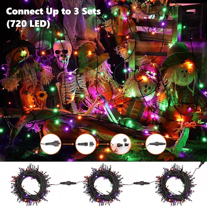 Brizled Halloween Lights Indoor Outdoor Purple Green & Orange Light String | 240 LED 95.14ft; 8 Modes; Connectable; Timer; Waterproof; Plugin Mini Twinkle Fairy Light for Outside Spooky Tree Decoration
