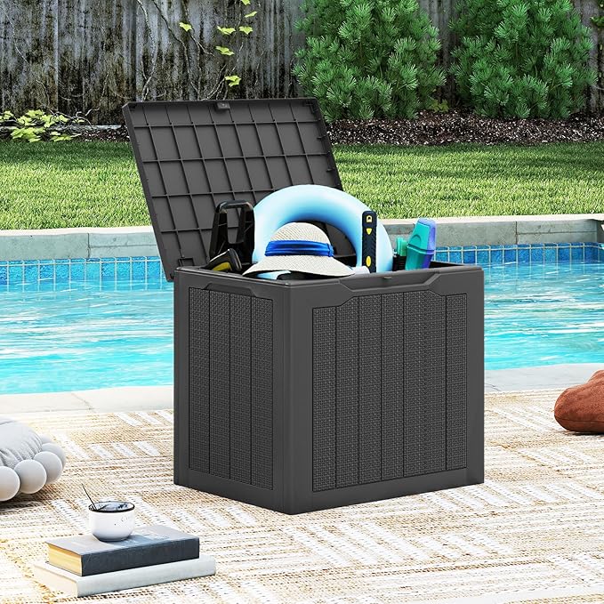 Giantex 25 Gallon Outdoor Storage Box, Patio Deck Box with Lockable Lid, Wicker-woven Texture, Waterproof Storage Bench for Pool Accessories, Garden Tools, Package Delivery, Patio Furniture (Black)