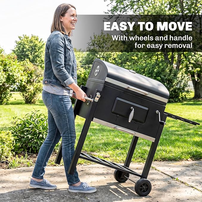 Outsunny Charcoal BBQ Grill, Outdoor Portable Cooker for Camping or Backyard Picnic with Side Table, Bottom Storage Shelf, Wheels and Handle, Black