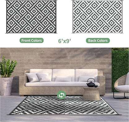 GENIMO Outdoor Rug, Waterproof Plastic Rugs for Patio, 6'x9' Black White | Outside Larger Modern Carpet Mat for Porch Decor, Deck, Balcony, Camping, RV, Backyard, Picnic, Beach, Reversible, Foldable
