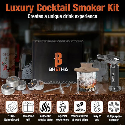 BHETHA-Cocktail Smoker Kit with Torch, 4 tasty Wood Chips Flavors (Apple, Walnut, Cherry, Oak) for Bourbon & Whiskey- Bar accessories for old fashion cocktails. Gifts for Men, Husband, Dad (No Butane)