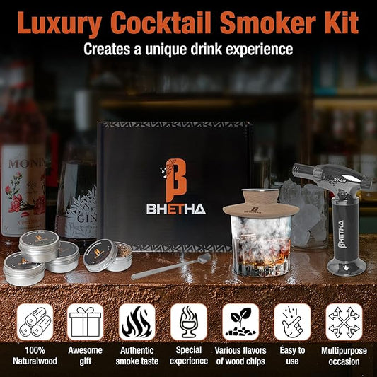 BHETHA-Cocktail Smoker Kit with Torch, 4 tasty Wood Chips Flavors (Apple, Walnut, Cherry, Oak) for Bourbon & Whiskey- Bar accessories for old fashion cocktails. Gifts for Men, Husband, Dad (No Butane)
