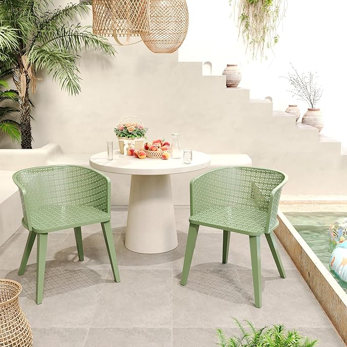Christopher Knight Home Set of 2 Rivera Patio Iron Dining Chairs, Geometric-Carved Pattern Round Backrest, Armchair for Kitchen, Restaurant, Garden, Balcony, Porch, Backyard, Poolside, Matte Green