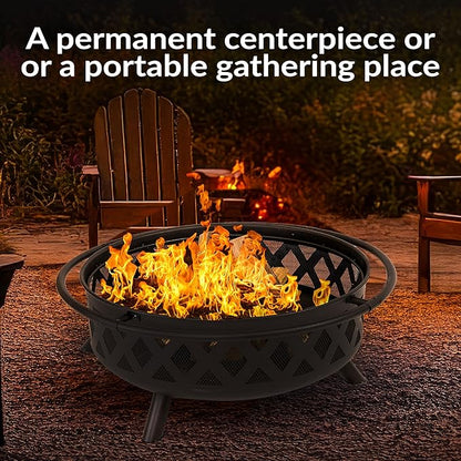 Sunnydaze Crossweave Outdoor Fire Pit - Wood-Burning Fire Pit for Outside with Spark Screen, Poker and Round Cover - 36-Inch - Black