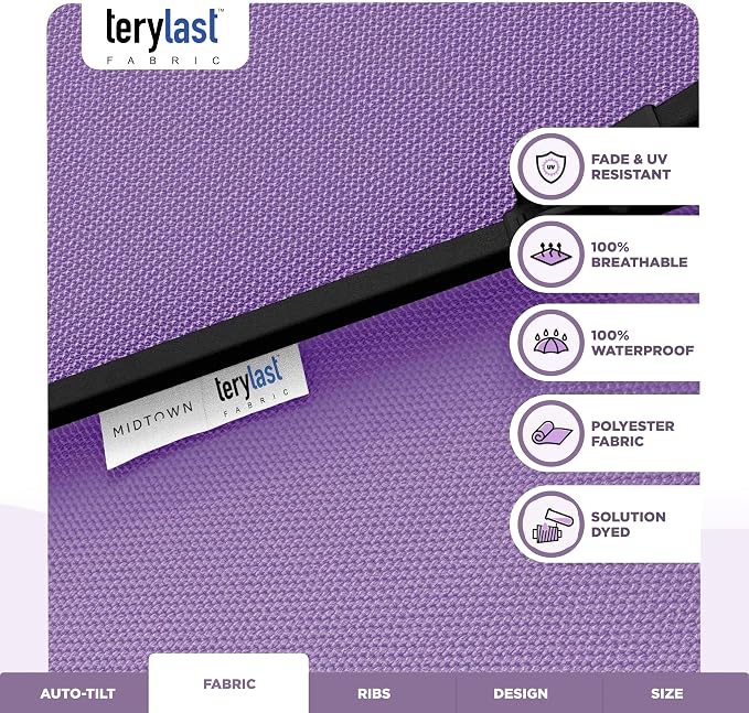 Midtown Umbrellas - 10-Year-No-Fade 9 Ft Patio Umbrella with Terylast Fabric, Auto-Tilt Aluminum Frame and 8 Reinforced Ribs for Deck, Pool, Garden & Beach - Purple Canopy, Black Pole