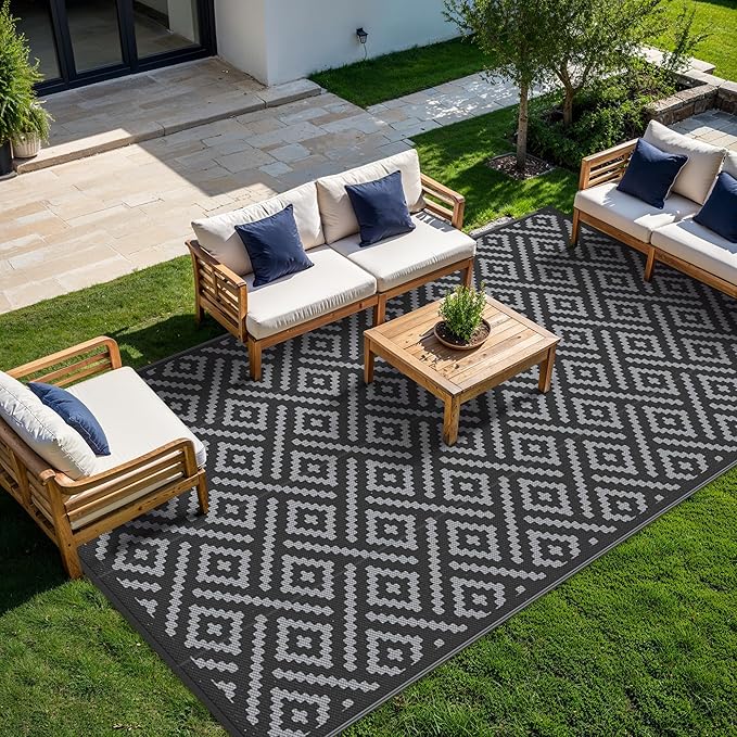 GENIMO Outdoor Rug, Waterproof Plastic Rugs 8'x16' for Camping Black Grey | Outside Larger Modern Carpet Mat for Patio Decor, RV, Porch, Camper, Deck, Picnic, Beach, Backyard, Reversible, Foldable