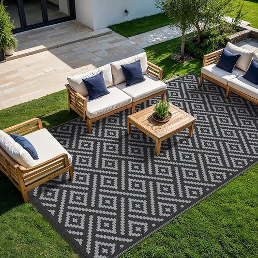 GENIMO Outdoor Rug, Waterproof Plastic Rugs 10'x14' for Camping Black Grey | Outside Larger Modern Carpet Mat for Patio Decor, RV, Porch, Camper, Deck, Picnic, Beach, Backyard, Reversible, Foldable