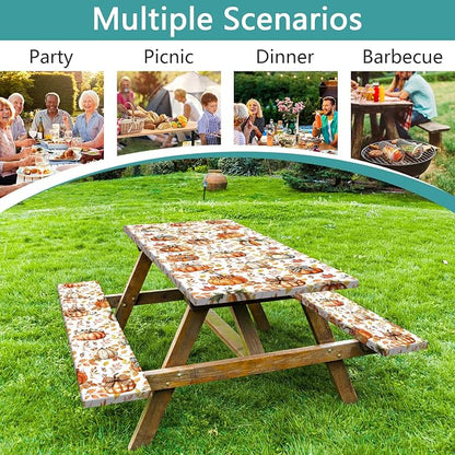Waterproof Picnic Table Cover with Bench Covers, 3 Piece Set Fall Pumpkin Thanksgiving Tablecloth for 6ft Picnic Tables, Windproof Reusable Elastic Outdoor Patio Dining Cover for Camping, 30x96 Inch