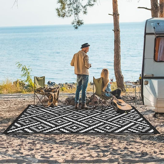 GENIMO Outdoor Rug, Waterproof Plastic Rugs for Patio, 6'x9' Ink White | Outside Larger Modern Carpet Mat for Porch Decor, Deck, Balcony, Camping, RV, Backyard, Picnic, Beach, Reversible, Foldable
