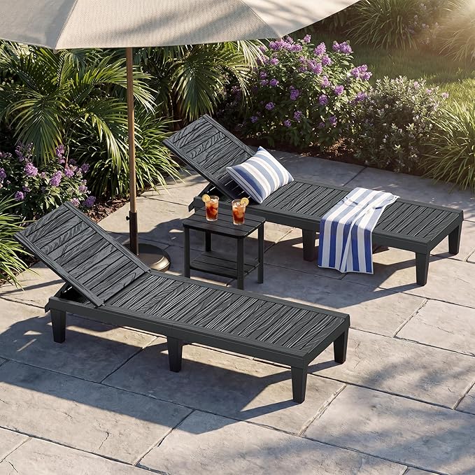 NUNU LAB Outdoor Chaise Lounges Set of 2, 5-Position Adjustable Patio Recliners with All-Weather Resin, Sun Loungers for Deck, Garden, Beach, Pool Sunbathing (Black Wood Grain, Set of 2)