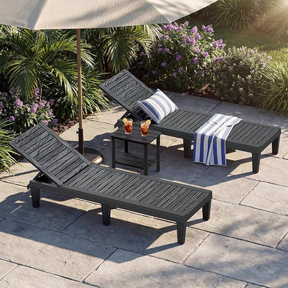 NUNU LAB Outdoor Chaise Lounges Set of 2, 5-Position Adjustable Patio Recliners with All-Weather Resin, Sun Loungers for Deck, Garden, Beach, Pool Sunbathing (Black Wood Grain, Set of 2)