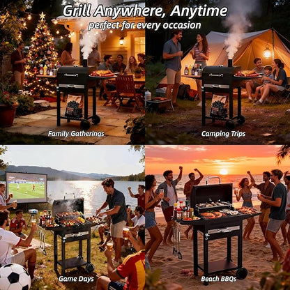 Charcoal Grills with Two Side Tables, 20-In Outdoor Smoker Barbecue Bbq Grill with 334 Sq. In Cooking Area for Camping, Patio,Backyard Party, Picnic, Black