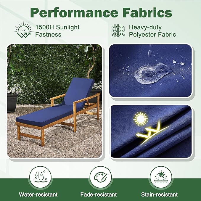 Chaise Lounge Cushions Outdoor, 80x 26x 3 Inch Waterproof & Fade-Resistant Lounge Chair Cushion, Outdoor Chaise Cushion with Removable Cover & Ties for Lawn, Patio, Pool & Beach, Navy Blue