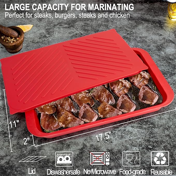 ECOIOU Grilling Prep and Serving Tray with Lid, BBQ Deep Tray for Marinating Raw and Cooked Food, Melamine Serving Trays for Food, Black and Red