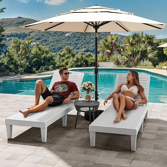 YITAHOME Outdoor Chaise Lounge Chair, Plastic Pool Chaise Lounge with 5-Position Backrest, Easy Assembly & Waterproof for Patio & Poolside, Set of 2, Grayish-White