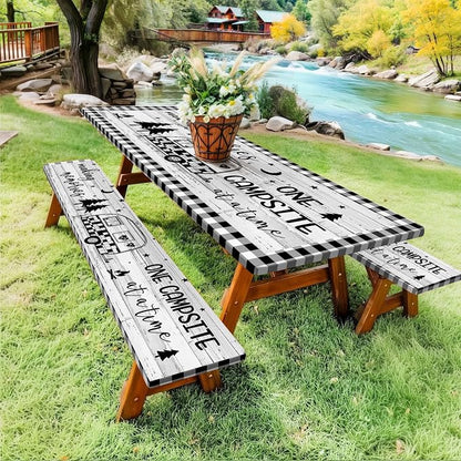 Picnic Table Cover with Bench Covers Elastic Edges, Camper Plaid Wooden Fitted Table Cover, Outdoor Patio Camping Essentials 60 Inch 3PCS, Waterproof Camping Fitted Tablecloth with Drawstring Bag