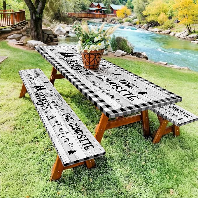 Picnic Table Cover with Bench Covers Elastic Edges, Camper Plaid Wooden Fitted Table Cover, Outdoor Patio Camping Essentials 72 Inch 3PCS, Waterproof Camping Fitted Tablecloth with Drawstring Bag