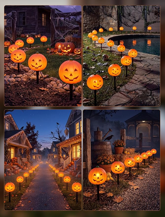Halloween Pumpkin Pathway Markers Lights Outdoor, 7Ft Connectable C7 Halloween Decorations Pathway String Lights with 4 Pumpkin Stakes Lights for Outdoor Garden Walkway Yard Driveway Lawn Party Decor