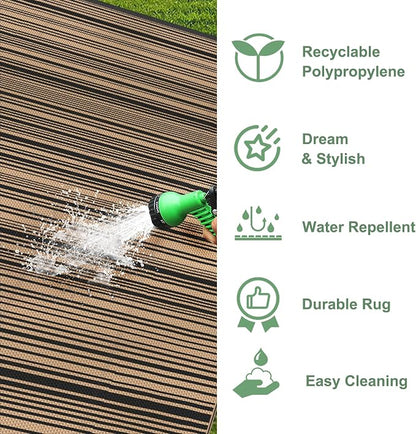 GENIMO Outdoor Rug, Waterproof Plastic Rugs for Patio, 10'x14' Light Brown | Outside Larger Modern Carpet Mat for Patio Decor, RV, Porch, Camper, Deck, Picnic, Beach, Backyard, Reversible, Foldable
