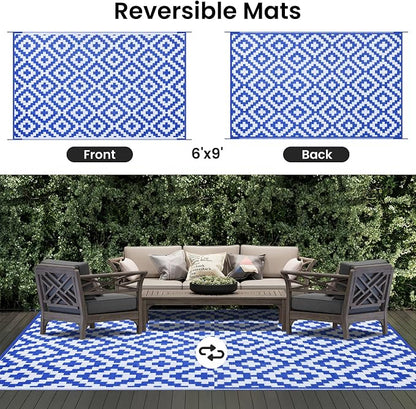 Smiry Outdoor Rug 6x9 ft Waterproof Reversible Boho Mat, White & Blue | Polypropylene Plastic Straw, Quick Drying, Lightweight Foldable, for Patio, Deck, RV Camping, Backyard and Indoor Outdoor Use