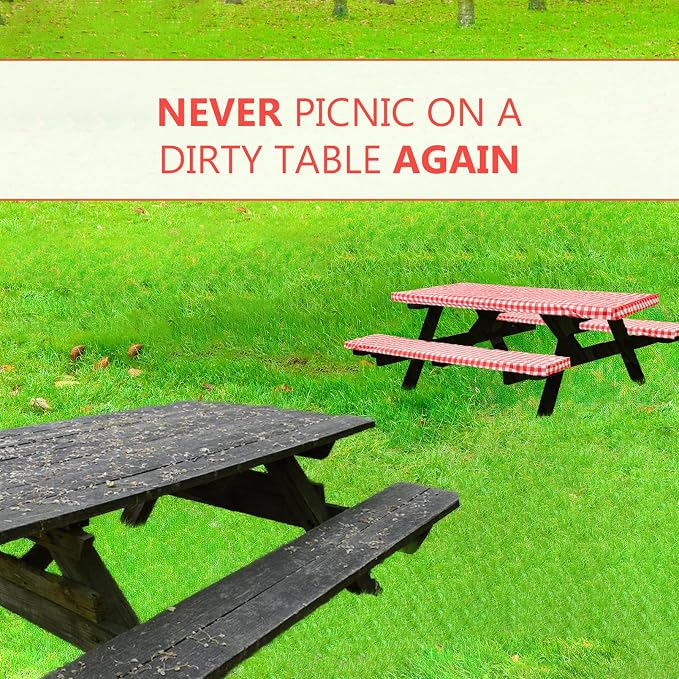 LINPRO 8ft Picnic Table Cover with Bench Covers Vinyl Fitted Picnic Table Covers with Elastic Camping Essentials and Picnic Tablecloth and RV Accessories