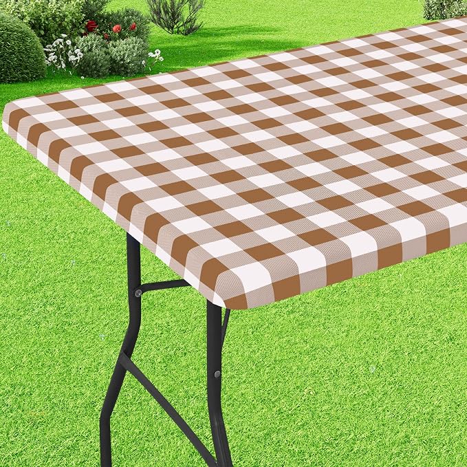 Buffalo Rectangle Picnic Tablecloth, 4 Foot Elastic Fitted Vinyl Table Cloth with Flannel Backing, Waterproof Plaid Table Covers for Dining, Camping, Outdoor (Brown and White, 24" x 48")