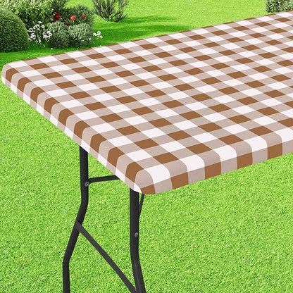 Buffalo Rectangle Picnic Tablecloth, 4 Foot Elastic Fitted Vinyl Table Cloth with Flannel Backing, Waterproof Plaid Table Covers for Dining, Camping, Outdoor (Brown and White, 24" x 48")