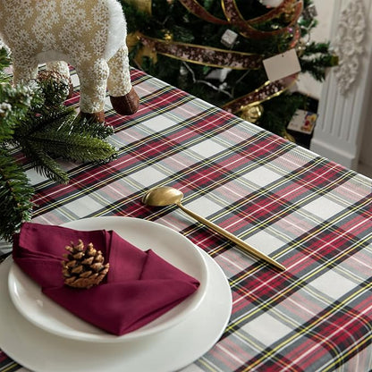 Christmas White Plaid Waterproof Tablecloth – Classic Woven Check Design – Holiday Dining Table Cover for Xmas Parties, Stain-Resistant & Durable, W52 x L70 in