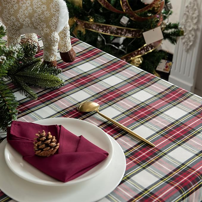 Christmas White Plaid Waterproof Tablecloth – Classic Woven Check Design – Holiday Dining Table Cover for Xmas Parties, Stain-Resistant & Durable, W60 x L60 in