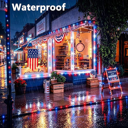 Joomer Red White Blue Solar Fairy Lights, 4th of July Memorial Day Decor, 2 Pack 39FT 120 LED String Light, 8 Lighting Modes with Memory, Waterproof Outdoor Patriotic Lights for Independence Day Decor