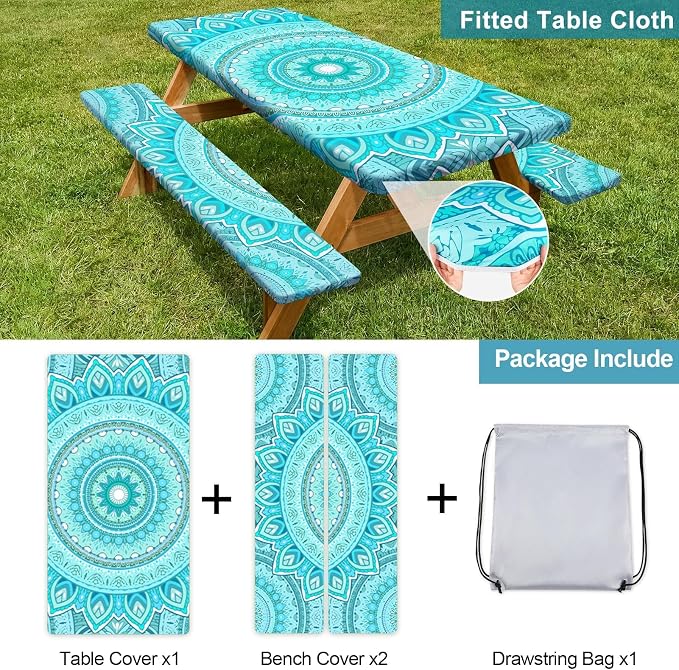 Picnic Table Cover Bench Covers Camping Essentials Tablecloth | Waterproof Vinyl for Outdoor, Windproof Elastic Fitted Edges, RV BBQ Accessories Must Haves, Storage Bag Included