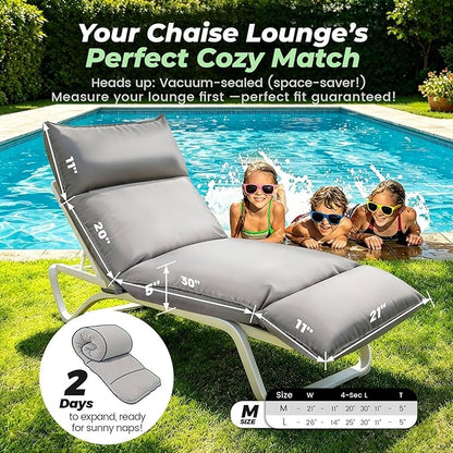 Outdoor Chaise Lounge Chair Cushion, Waterproof Non-Slip Patio Chaise Lounge Cushions for Outdoor Furniture, 72 x 21 x 5 Inches, Grey