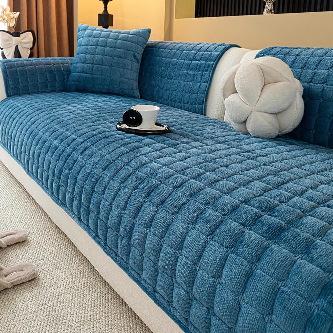 Velvet Couch Cover, Plush Sectional Sofa Cover Washable, Anti Slip Sofa Slipcover for 2-3 Cushion Sofas, Furniture Protector Covers for Pets & Kids(1PC, Blue, 35.4"×63", Loveseat)