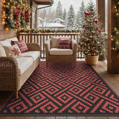GENIMO Outdoor Rug, Waterproof Plastic Rugs for Patio, 6'x9' Red Grey | Outside Larger Modern Carpet Mat for Porch Decor, Deck, Balcony, Camping, RV, Backyard, Picnic, Beach, Reversible, Foldable