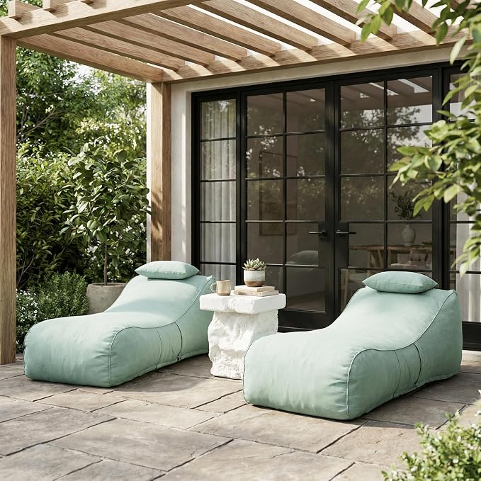 Christopher Knight Home Morton Outdoor Bean Bag Chair Set of 2, Fabric Bean Bag Chair for Adults and Kids, Indoor/Outdoor Sun Lounger with Headrest, Patio Chaise Lounge Chair Set of 2, Mint