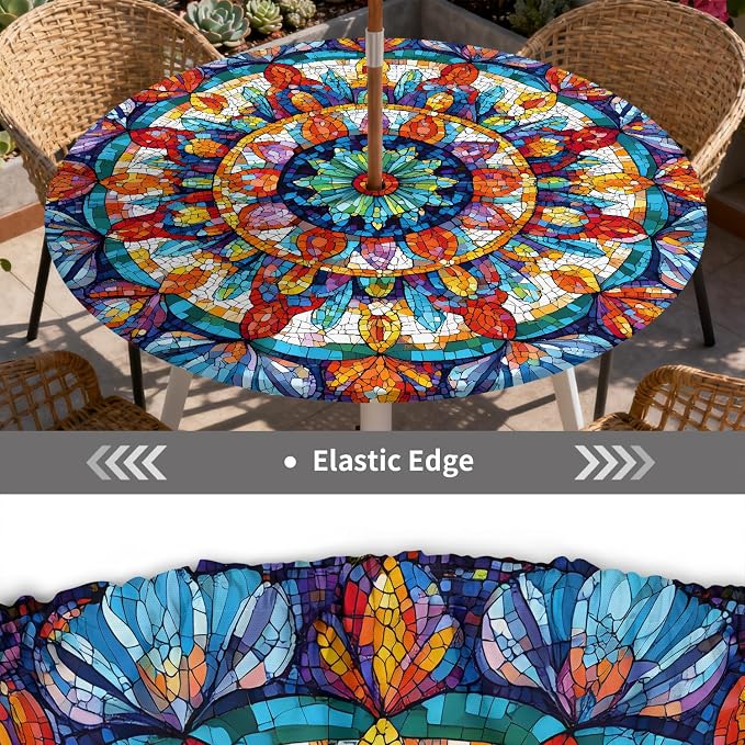 Outdoor Tablecloth with Umbrella Hole and Zipper Fits 37-44" Tables | Waterproof Round Fitted Tablecloth with Elastic Edge, Wipeable Outdoor Table Cover for Patio, Garden, Picnic