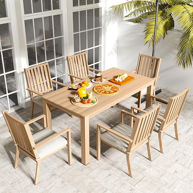 FansaFurn Patio Dining Chairs Set of 2, Aluminum Outdoor Patio Chairs with Waterproof Cushions, Metal Outdoor Patio Furniture Set for Porch, Balcony, Deck, Backyard, Light Wood Color
