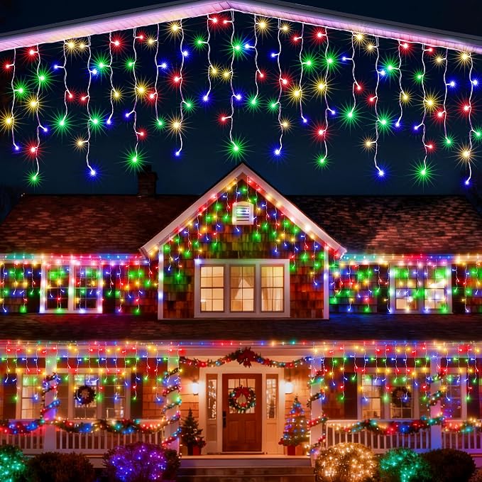 Joomer 33FT Christmas Icicle Lights Outdoor Connectable Multicolor | 50 Drops 8 Modes Timer Waterproof Plug-in String Light for Christmas Party, Holiday Eaves Roof Yard Xmas Decorations